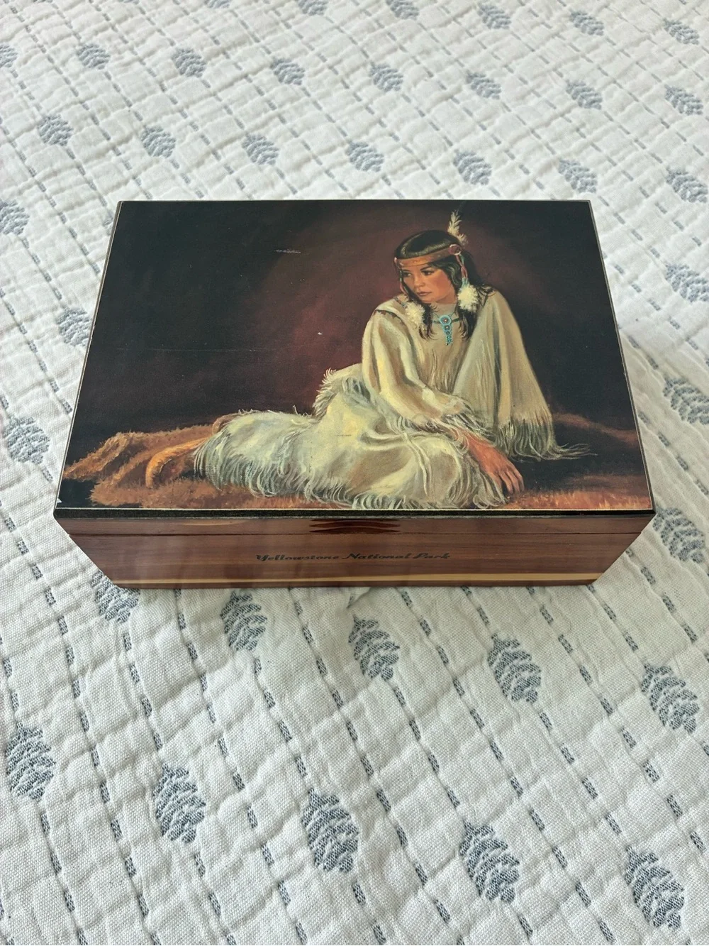 Vintage Cedar Souvenir Box with Indian Bride